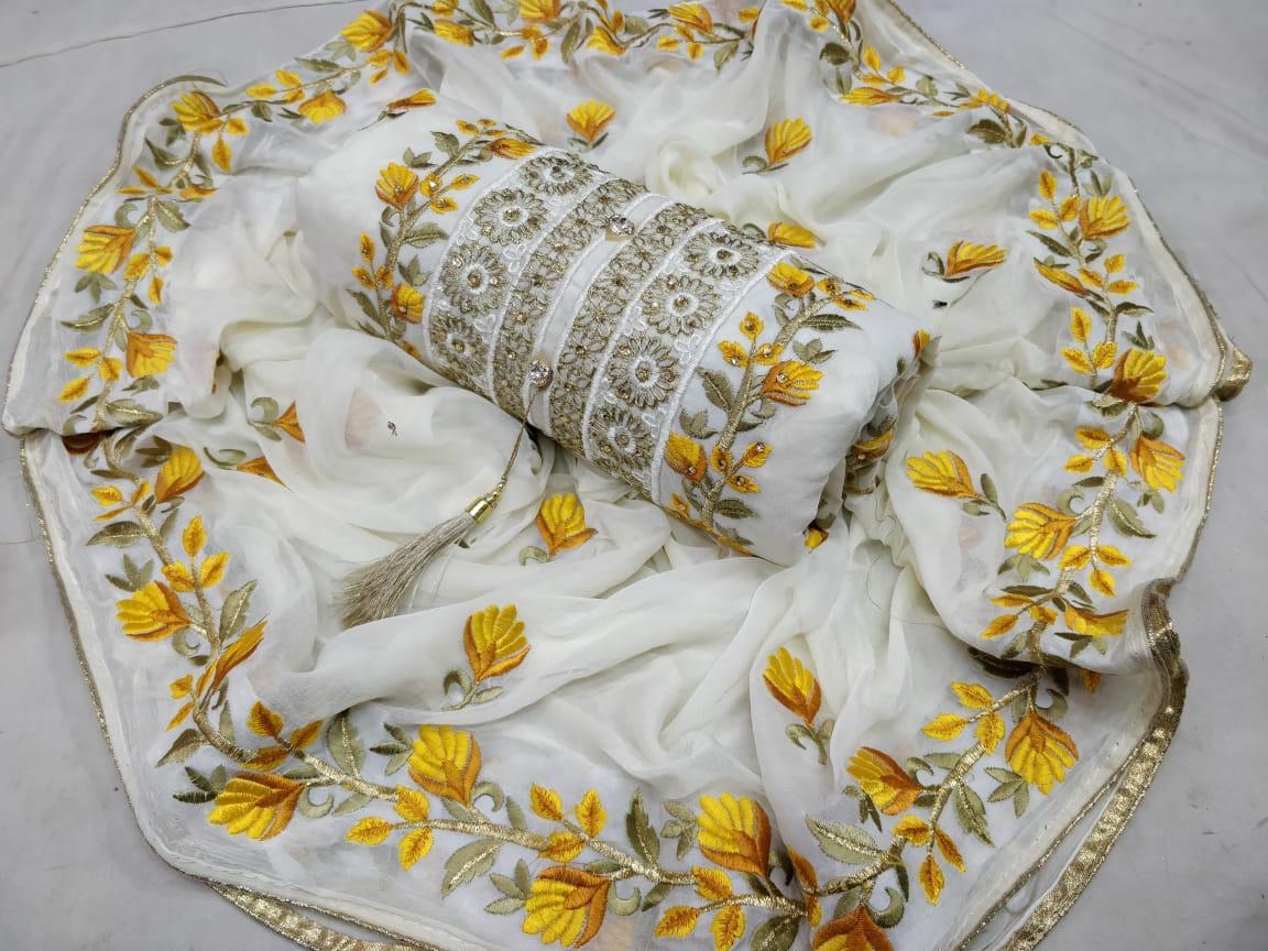 Chanderi Exclusive Designer Embroidered Dress Material With Najmin Embroidery Worked Four Sided Bordered Dupatta 