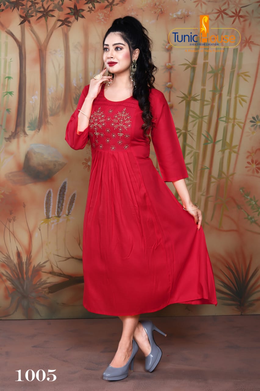 Tunic House Nek Nx Designer Ethnic Wear Embroidery Rayon Kurtis Collection
