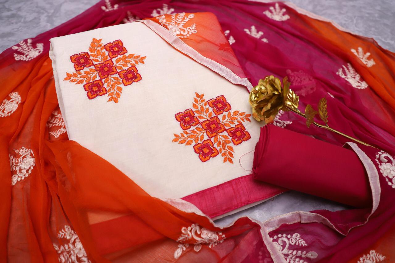 Maahi South Cotton Slub With Embroidery Work And Najmeen Embroifery Work Dupatta Dress Mterial OR Ready Made Collection