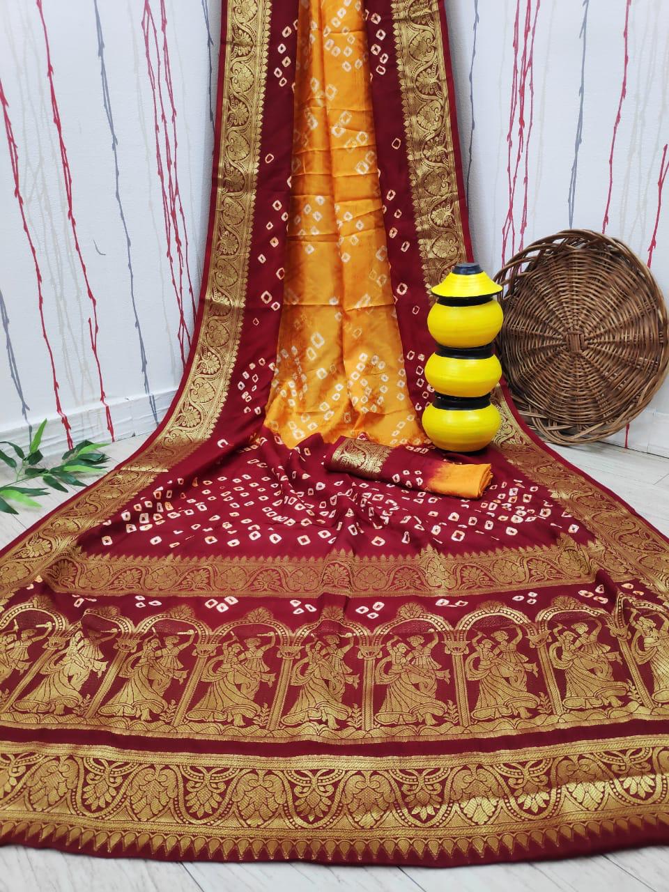 Rass Leela Bandhej Art Silk Weaving Bandhej Work Designer Sarees Collection
