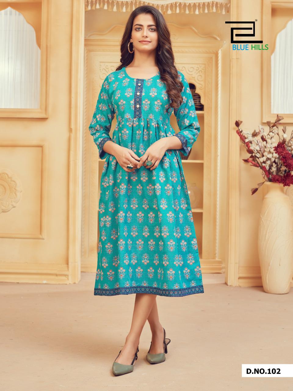 Blue Hills Velly 1 Designers Printed Ethnic Wear Rayon Kurtis Collection
