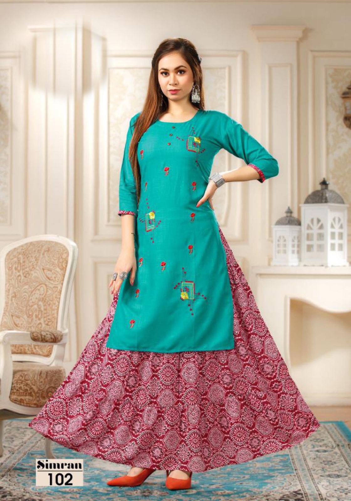 Simran 101 Heavy Designer Ethnic Wear Rayon Printed Kurti With Skirt Collection