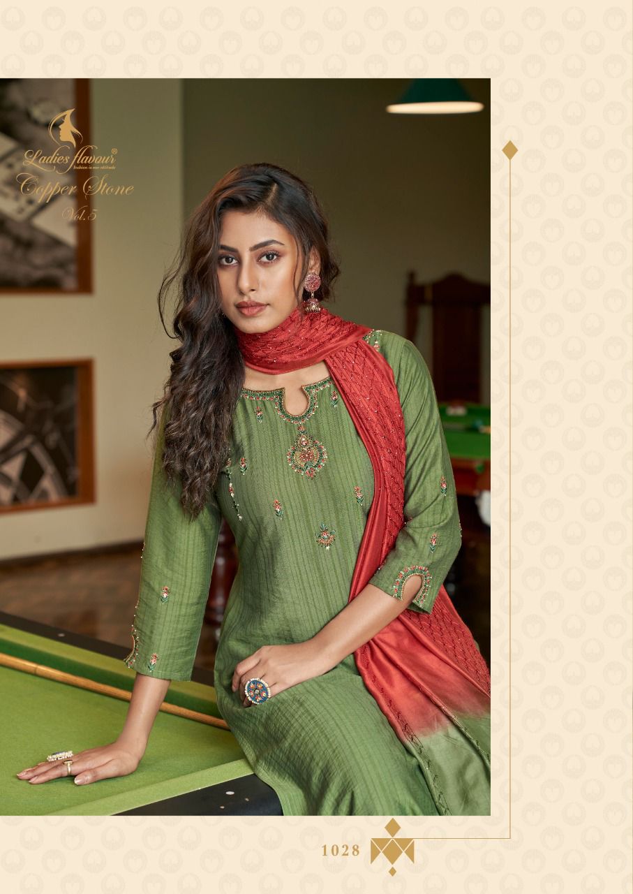 Ladies Flavour Copper Stone 5 Exclusive Designer Viscose With Embroidery With Khatli Work Readymade Collection
