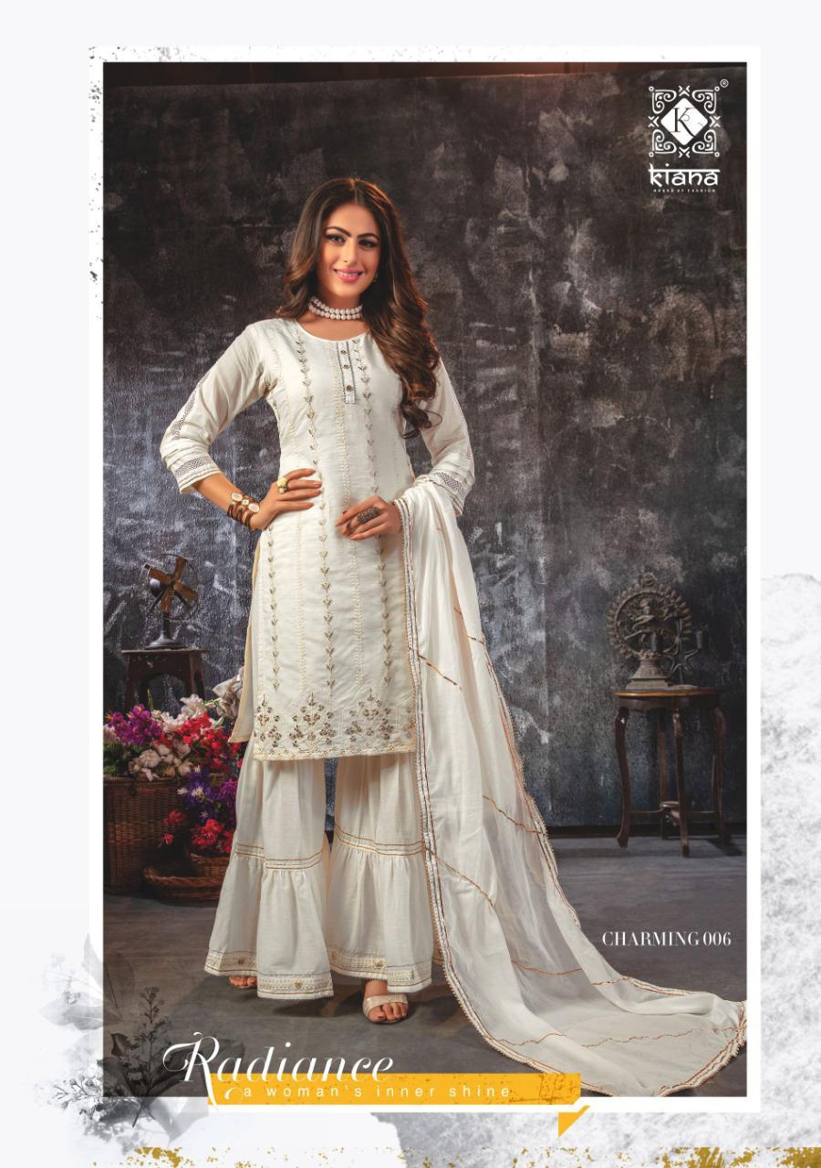 KIANA CHARMING Latest Fancy Wedding Wear Georgette Chanderi Silk and Mal Cotton with Lucknowi work wid sarara pent And dupatta Readymade Collection