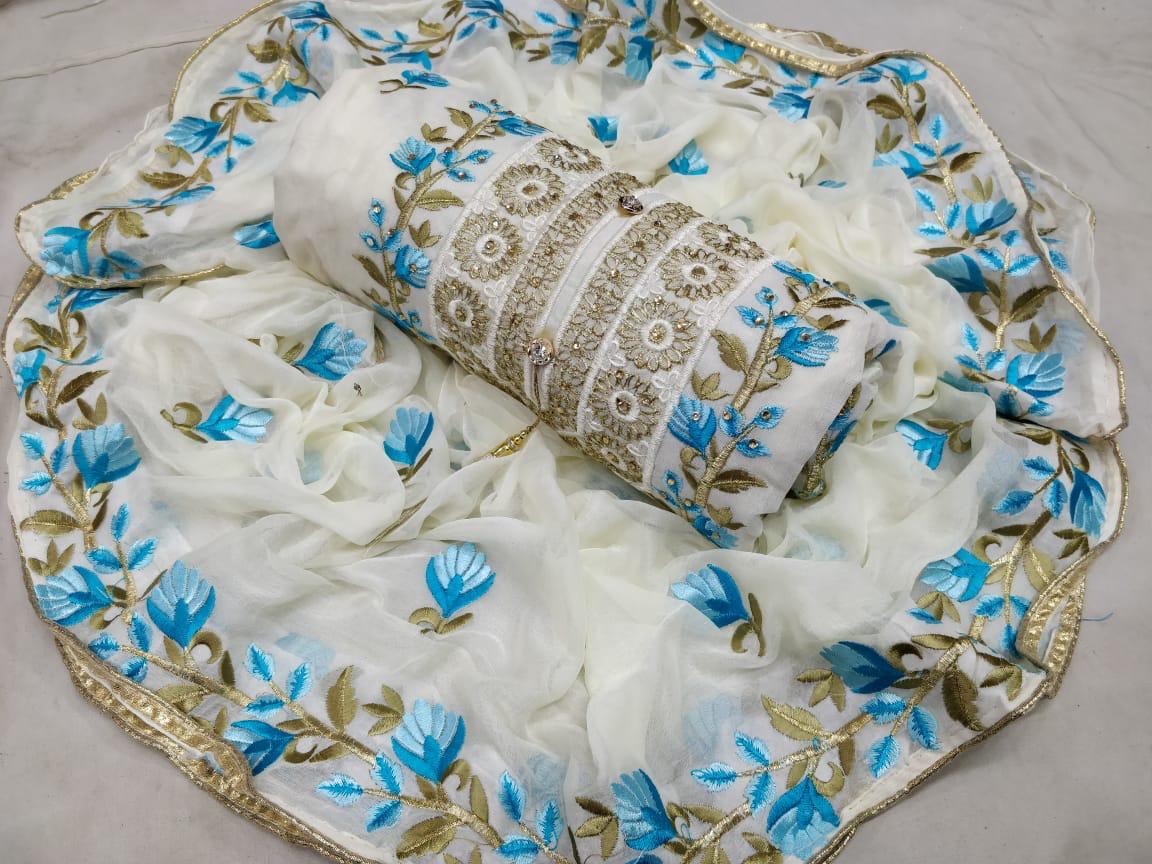 Chanderi Exclusive Designer Embroidered Dress Material With Najmin Embroidery Worked Four Sided Bordered Dupatta 