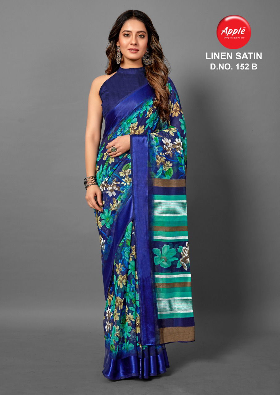 Apple Linen Satin 152 Fancy Printed Casual Wear Line Satin Saree Collection
