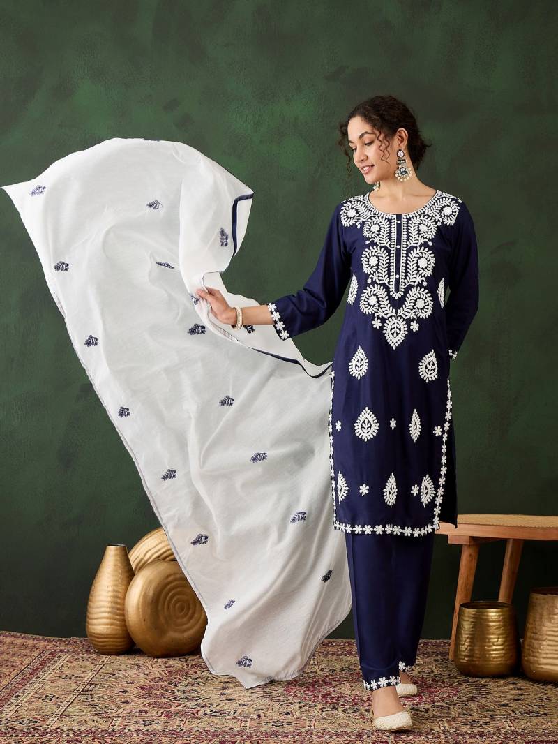Color Set 8502 Cotton Chikankari Kurti Bottom With Dupatta Wholesale Online