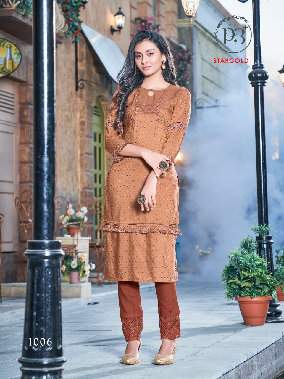 P3 Star Gold Latest Fancy Designer Ethnic Wear Poly Rayon Embroidery Kurti With Bottom Collection
