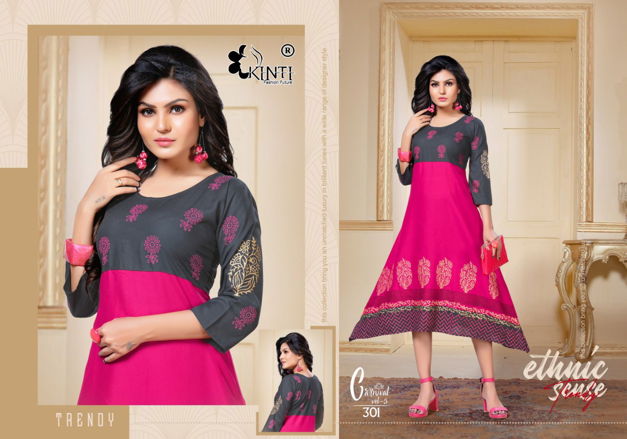 Kinti Carnival Anarkali Casual Wear Designer Printed Rayon Kurtis Collection
