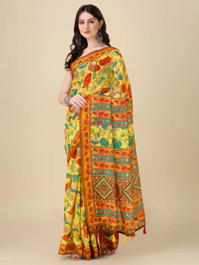 Kz Kalamkari Saree 1 Lilen Zari Patta Digital Kalamkari Printed Saree Suppliers In India
