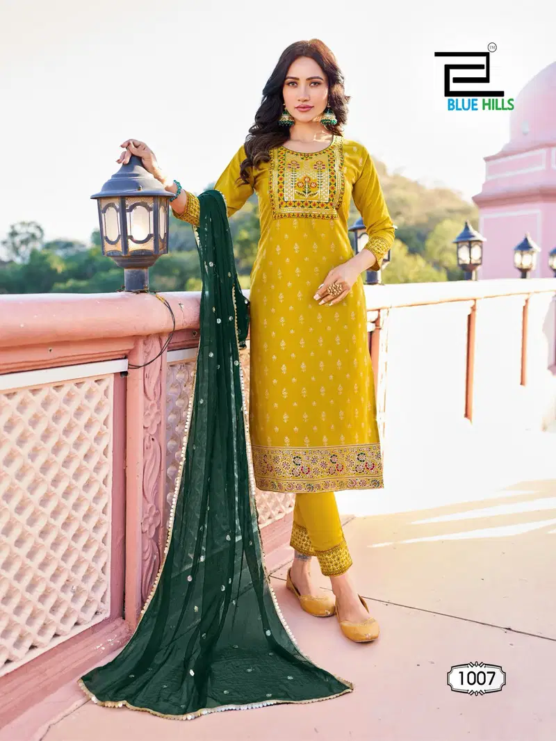 Shaandar By Blue Hills Foil Printed Kurti With Bottom Dupatta Wholesale Clothing Distributors In India
