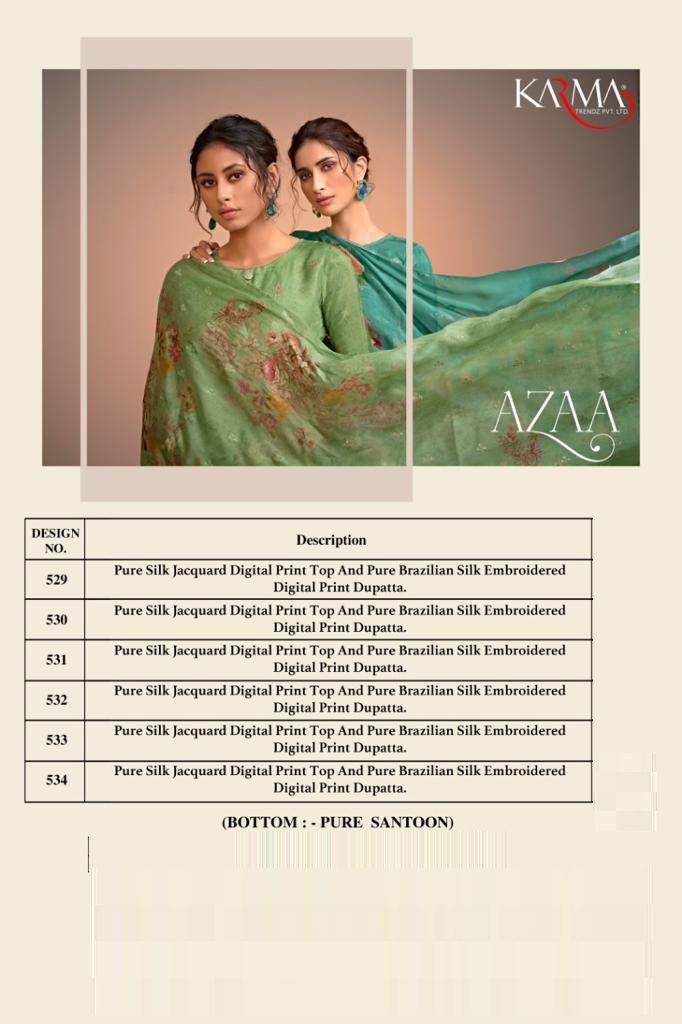 Karma Azaa 529 to 534 Series Pure Silk Jacquard Digital Print Embroidered Work Dress with Dupatta Materials Collection