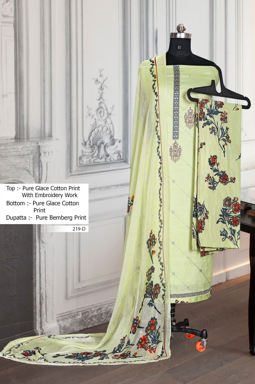 BIPSON 219 COLOURS Designer Festive Wear Cotton Glace Print Embroidery Work Top And Pure Bamber Chiffon Print Dupatta Dress Material Collection