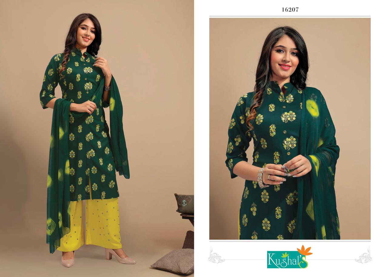 Kushals Meri Gold 3 Fancy Rayon Printed Regular Wear Kurti With Plazzo And Dupatta Collection