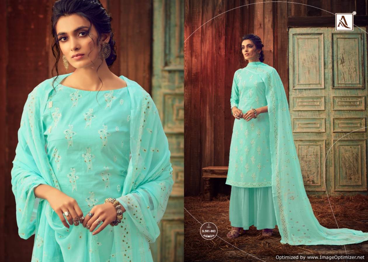 Alok Bloom Gold 3 Exclusive Casual Wear Pure Lawn Cotton Block Print With Khadi Handwork Designer Dress Material With Nazneen Chiffon printed Four Sided Lace Dupatta 