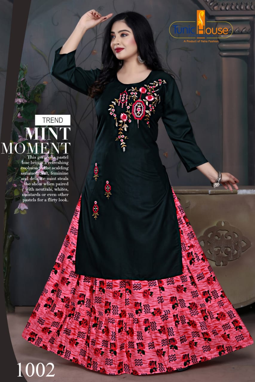 Tunic House Nexa 4 Embroidery Fancy Ethnic Wear Rayon With Embroidery Kurtis With Skirt Collection 
