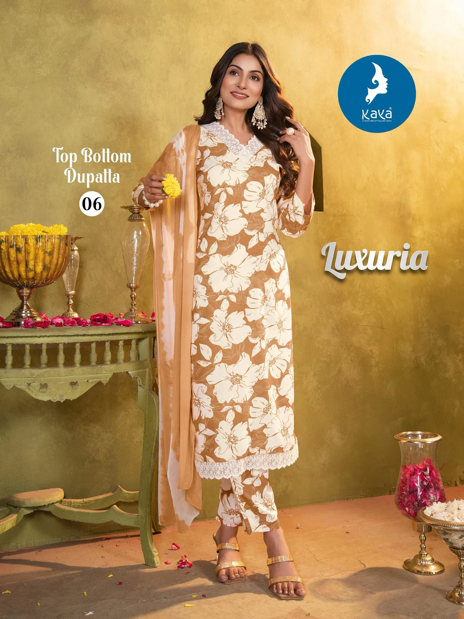 Luxuria By Kaya Rayon Printed Kurti With Bottom Dupatta Wholesale Price