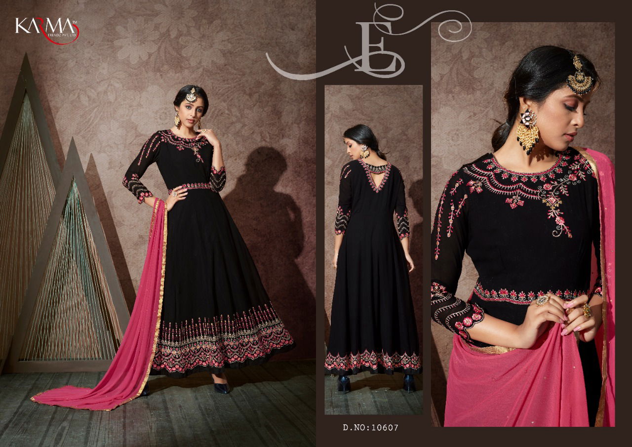 Karma Latest Heavy Designer Georgette Embroidery Work With Stone Work Anaarkali Gown With Chiffon Dupatta Festive Wear Collection 