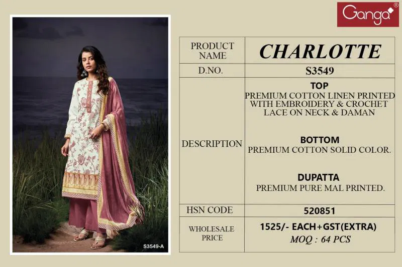Charlotte By Ganga Cotton Linen Printed Embroidered Salwar Suit Best Wholesale Shop In Surat