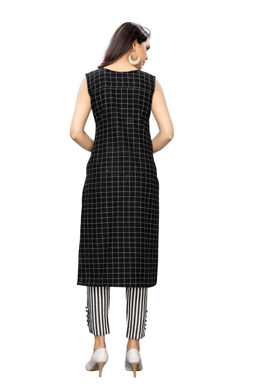 Ab Kurti 153 Fancy Casual Wear Cotton Checks Kurti With white black lining Bottom Collection