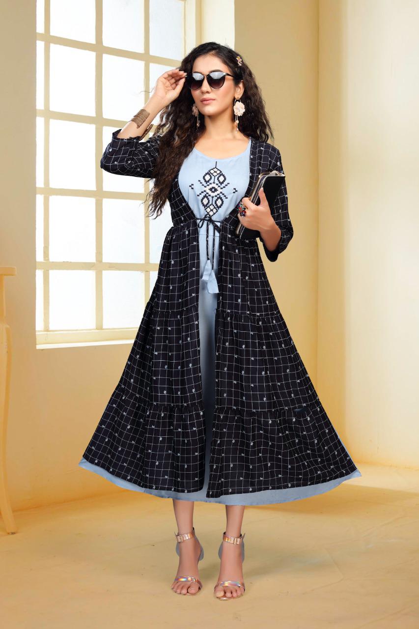 Ft Peacock Casual Wear Rayon Kurtis With Attached Jacket Collection
