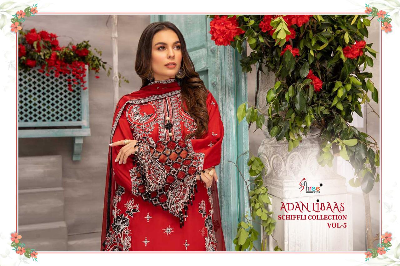 Shree Adan Libaas Schiffli Collection 5 Pure Low Cotton With Self Embroidery Work Pakistani Salwar Suits Collection
