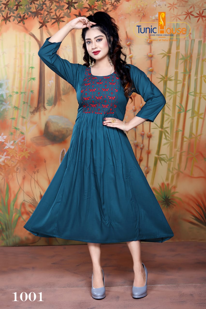 Tunic House Nek Nx Designer Ethnic Wear Embroidery Rayon Kurtis Collection
