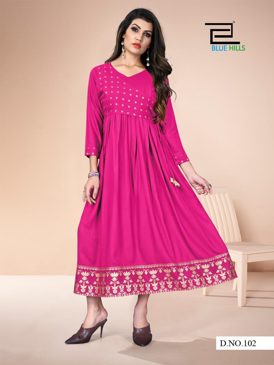Blue Hills Badhai Ho Designer Ethnic Wear Long Printed Rayon Kurti Collection
