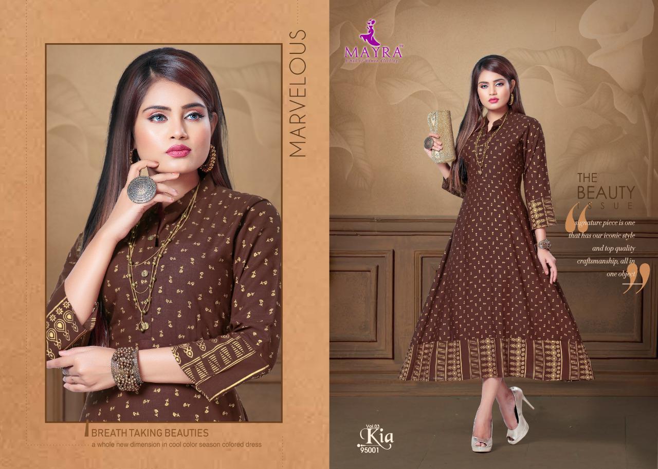 Mayra Kia 3 Latest Designer Party Wear Rayon Long Printed Kurti Collection 
