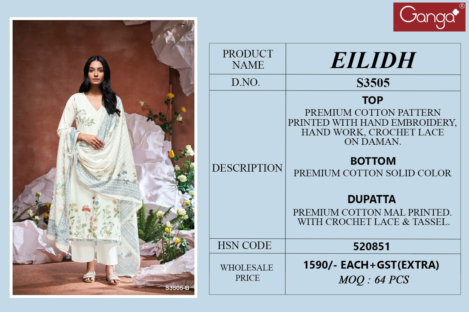 Eilidh 3505 By Ganga Cotton Designer Surat Salwar Suit Wholesale Market