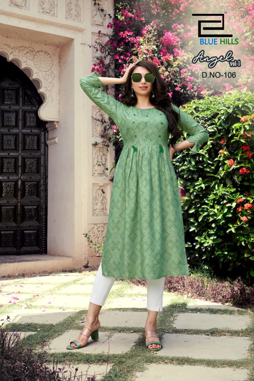 Blue Hills Angel 1 Latest Fancy Designer Ethnic Wear Rayon Printed Kurti Collection
