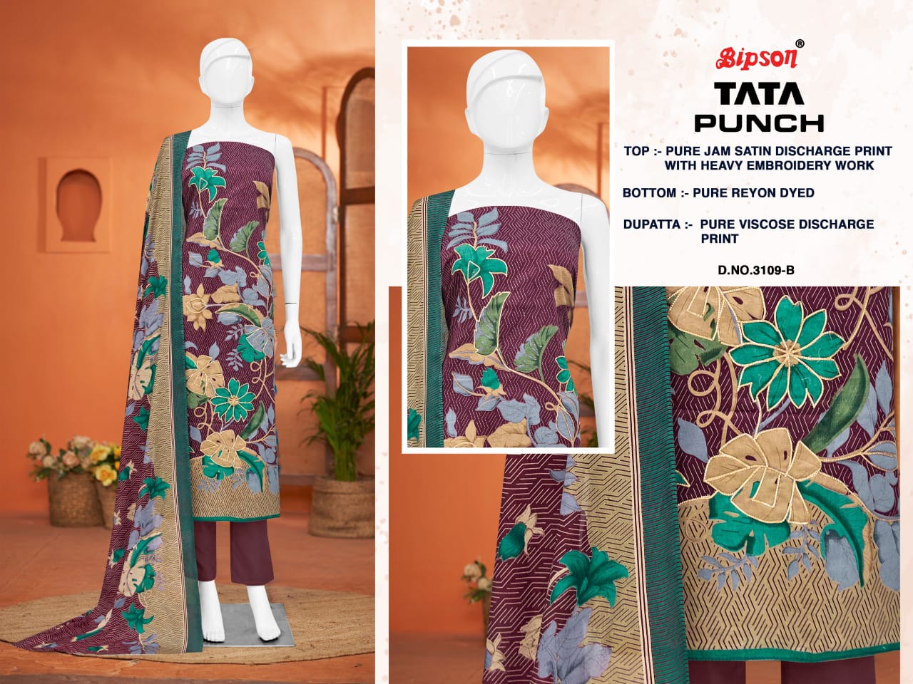 Tata Punch 3285 By Bipson Jam Satin Dress Material Wholesalers in Delhi