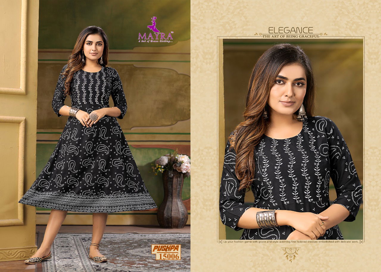 Mayra Pushpa Fancy Ethnic Wear Rayon Printed Anarklai Kurti Collection
