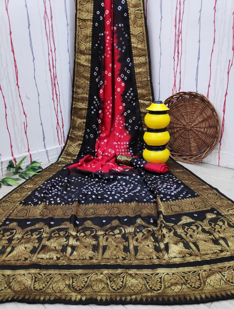 Rass Leela Bandhej Art Silk Weaving Bandhej Work Designer Sarees Collection
