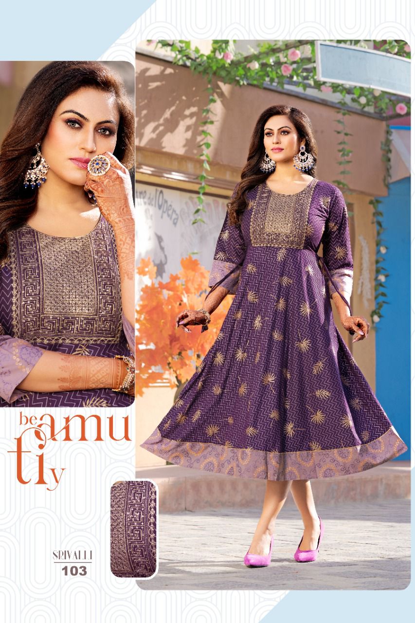 Akhand Jyot Srivalli Fancy Ethnic Wear Rayon Designer Long Kurti Collection