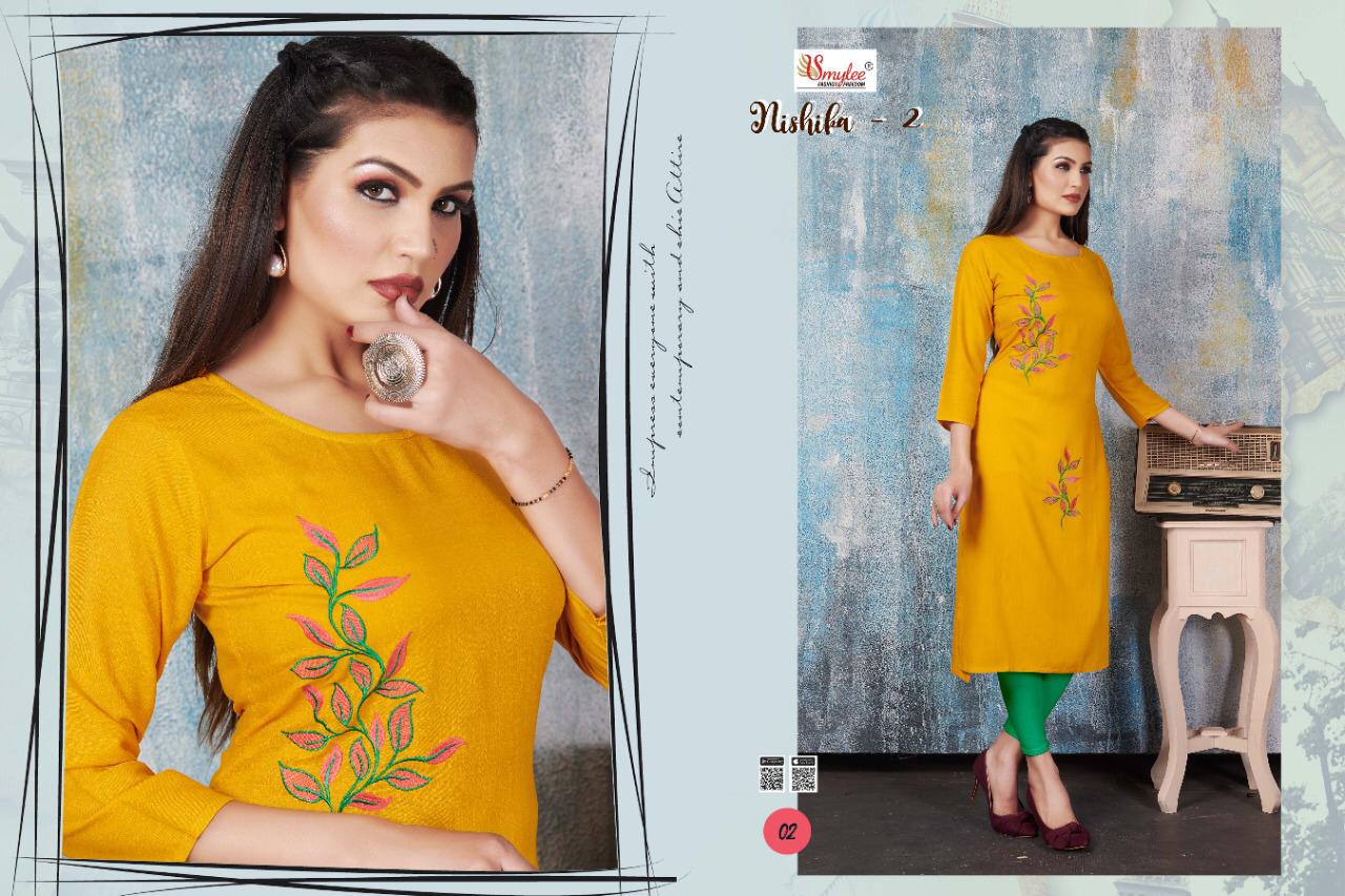 RUNG NISHIKA VOL-2 New Designer Daily Wear Heavy Slub Print Rayon Embroidery Work Kurtis Collection