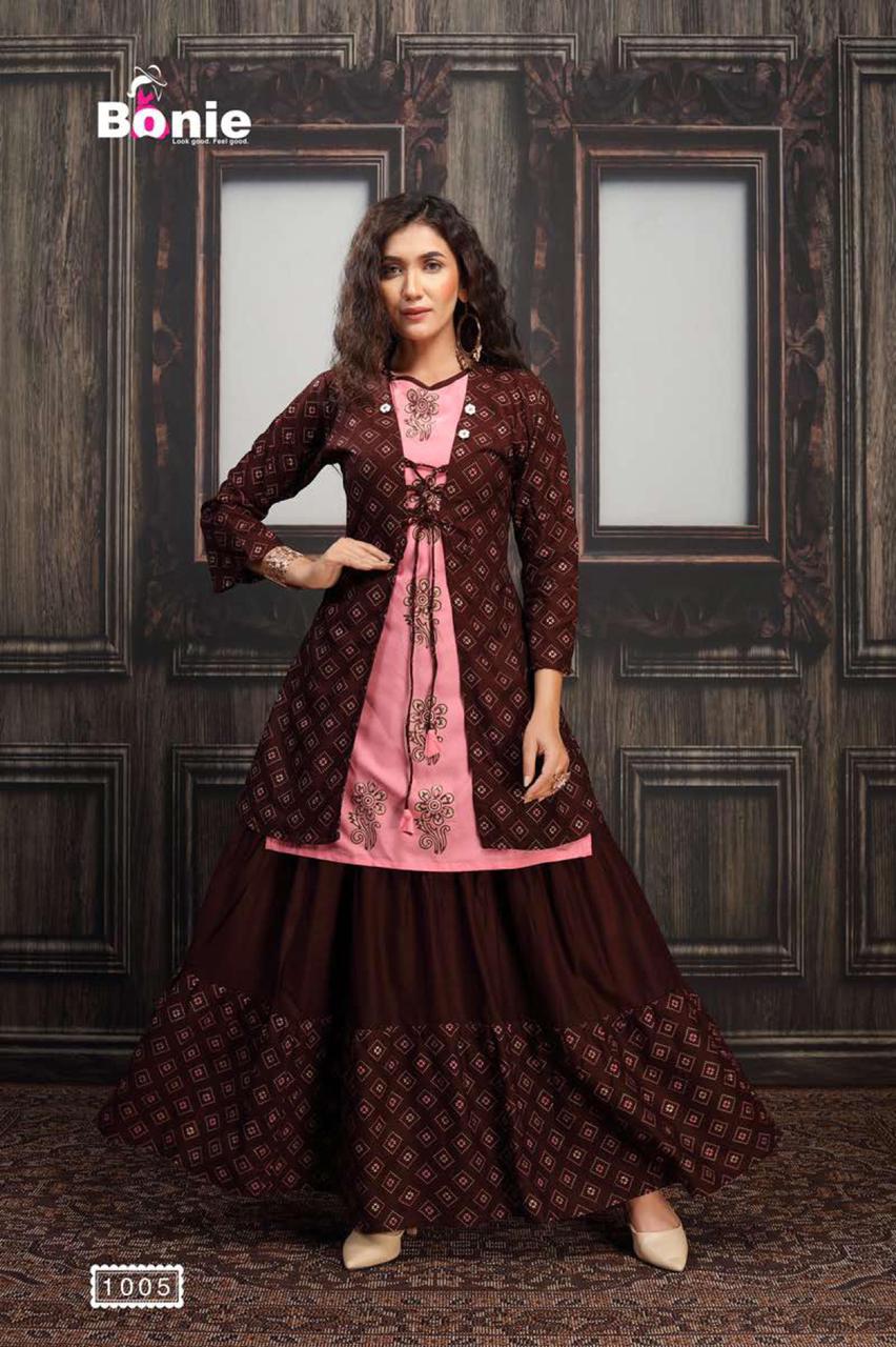 Bonie Jacket House Fancy Party Wear Jacket With Skirt rayon Printed Kurtis Collection
