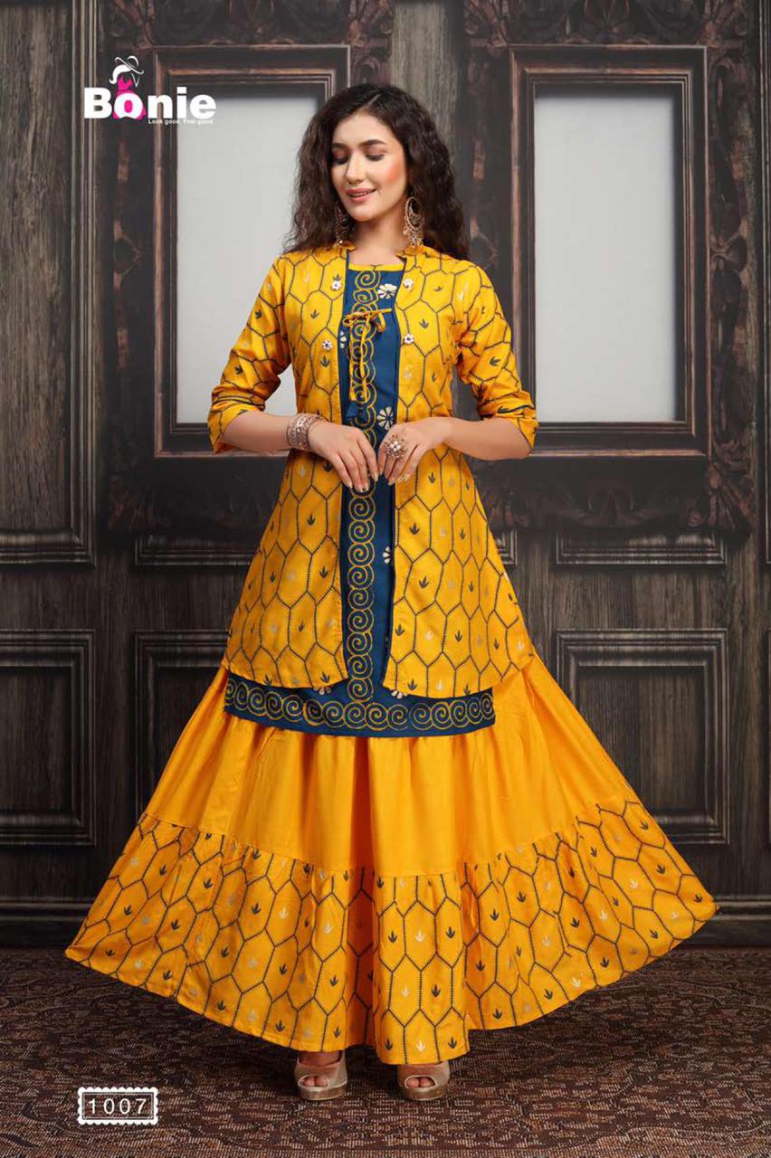 Bonie Jacket House Fancy Party Wear Jacket With Skirt rayon Printed Kurtis Collection

