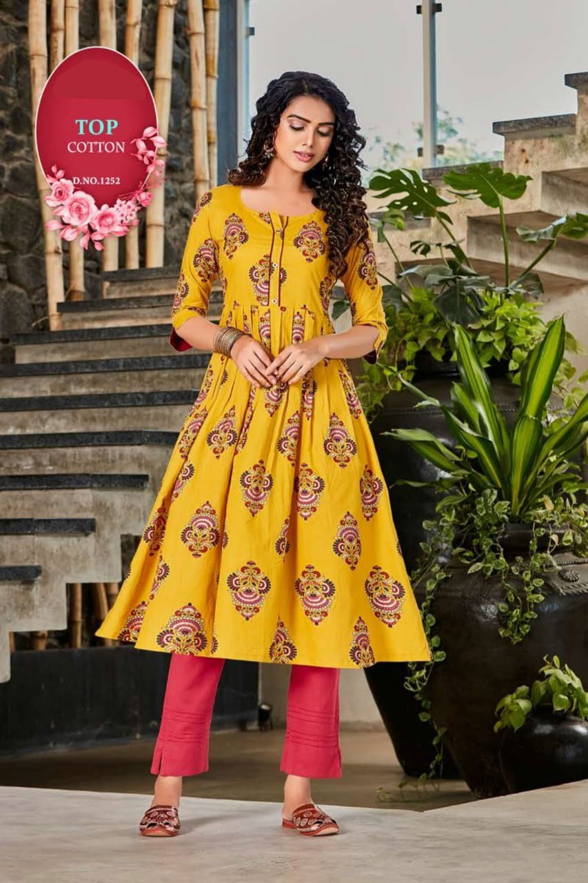 Kudi 1 Latest Fancy Designer Flair Style Ethnic Wear Rayon Long Printed Kurtis Collection

