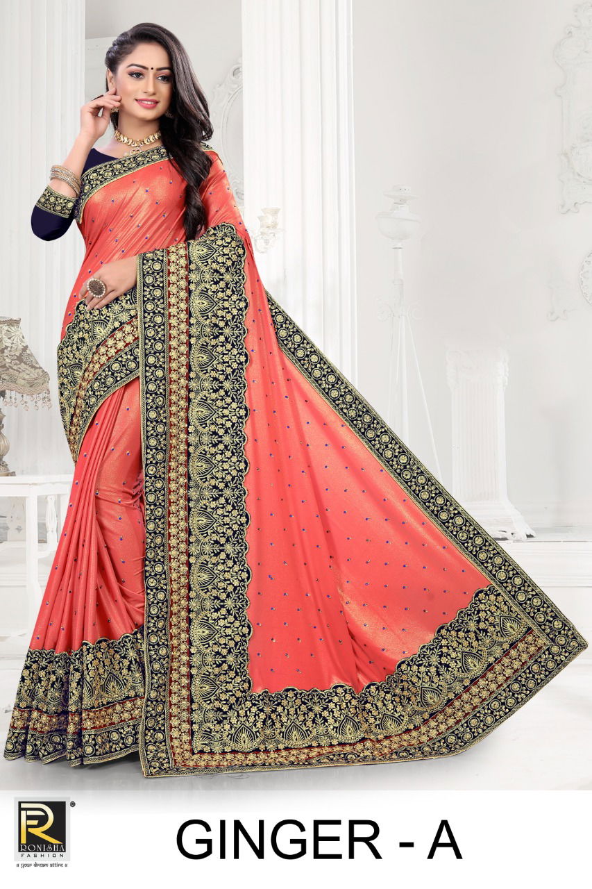 Ronisha Ginger Fancy Latest Wedding Wear Heavy Embroidery Worked Border Saree Collection