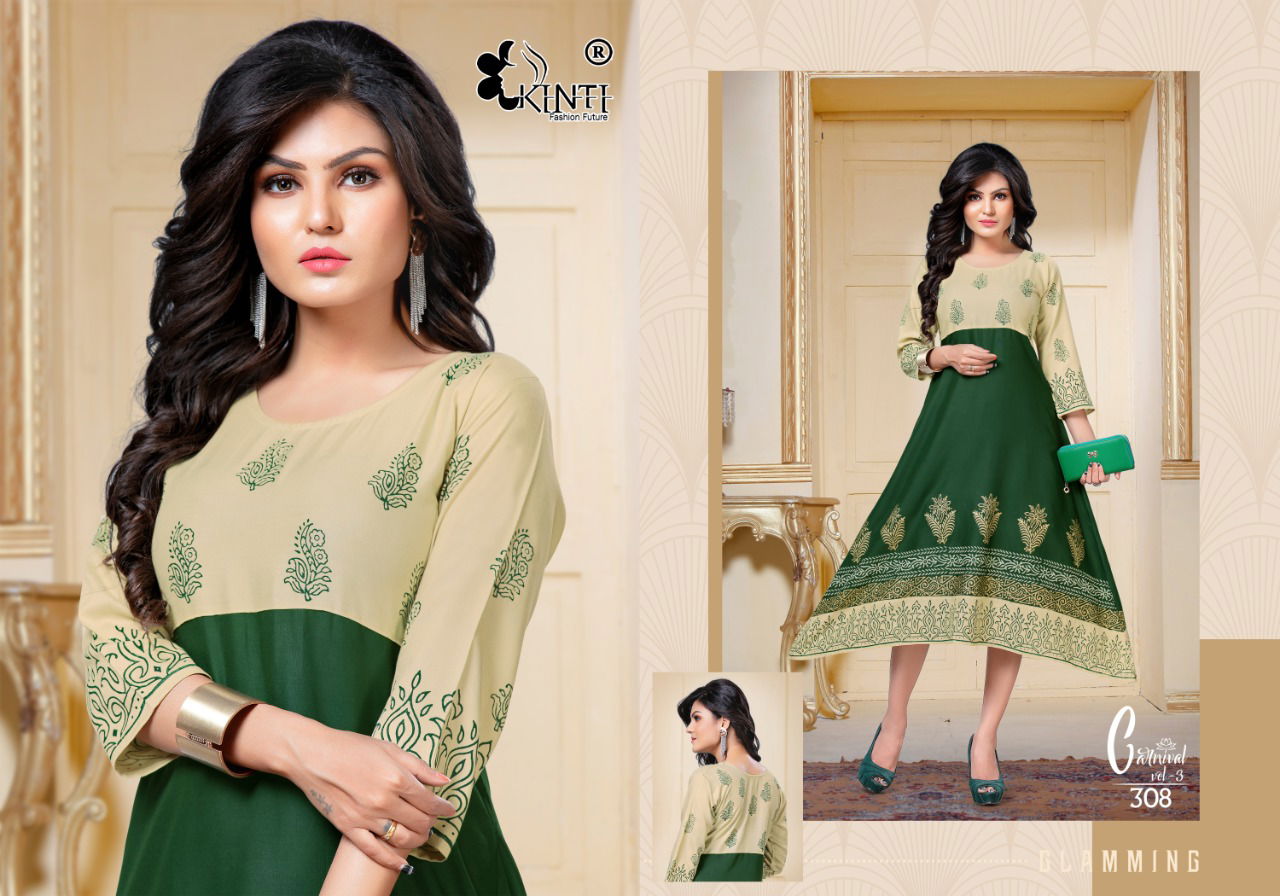 Kinti Carnival Anarkali Casual Wear Designer Printed Rayon Kurtis Collection
