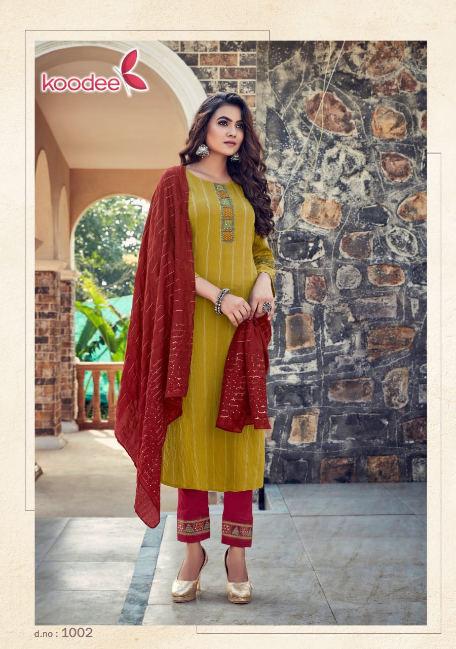 Koodee Saheli 11 Fancy Festive Wear Pure Nylon Viscose With Stripe Embroidered Ready Made Collection
