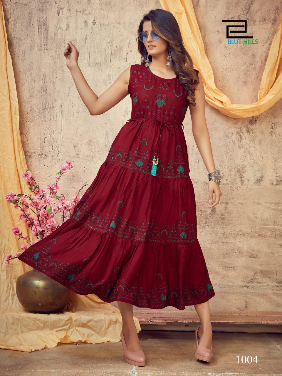 Blue Hills Poker Latest Fancy Designer Festive Party Wear Long Printed Rayon Kurti Collection