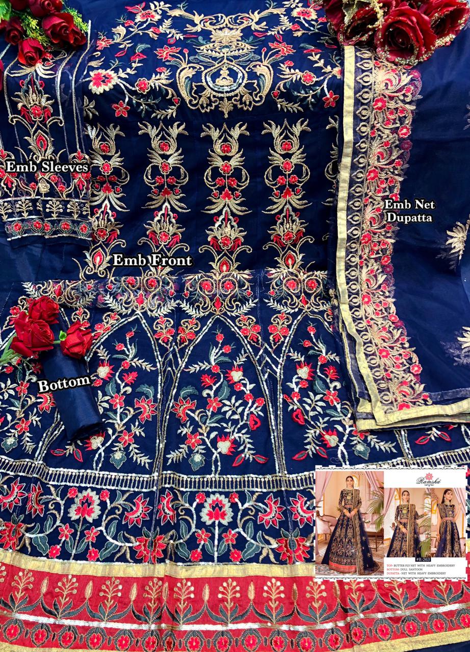 Ramsha R 262 to 264 Latest Designer Heavy Wedding Wear Butterfly Net With Embroidery Work Pakistani Salwar Suits Collection
