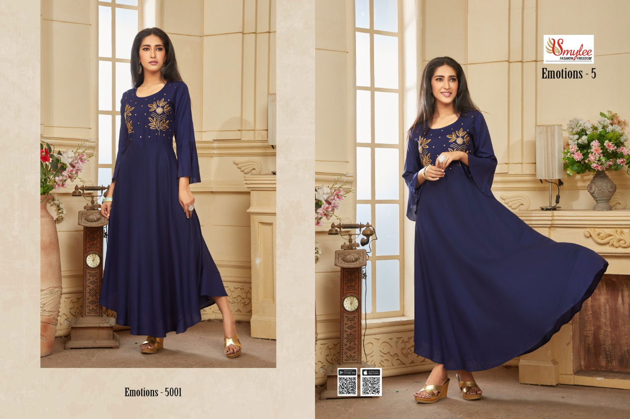 Smylee Emotions 5 New Collection Of Designer Party Wear Hand Work Rayon Kurtis 