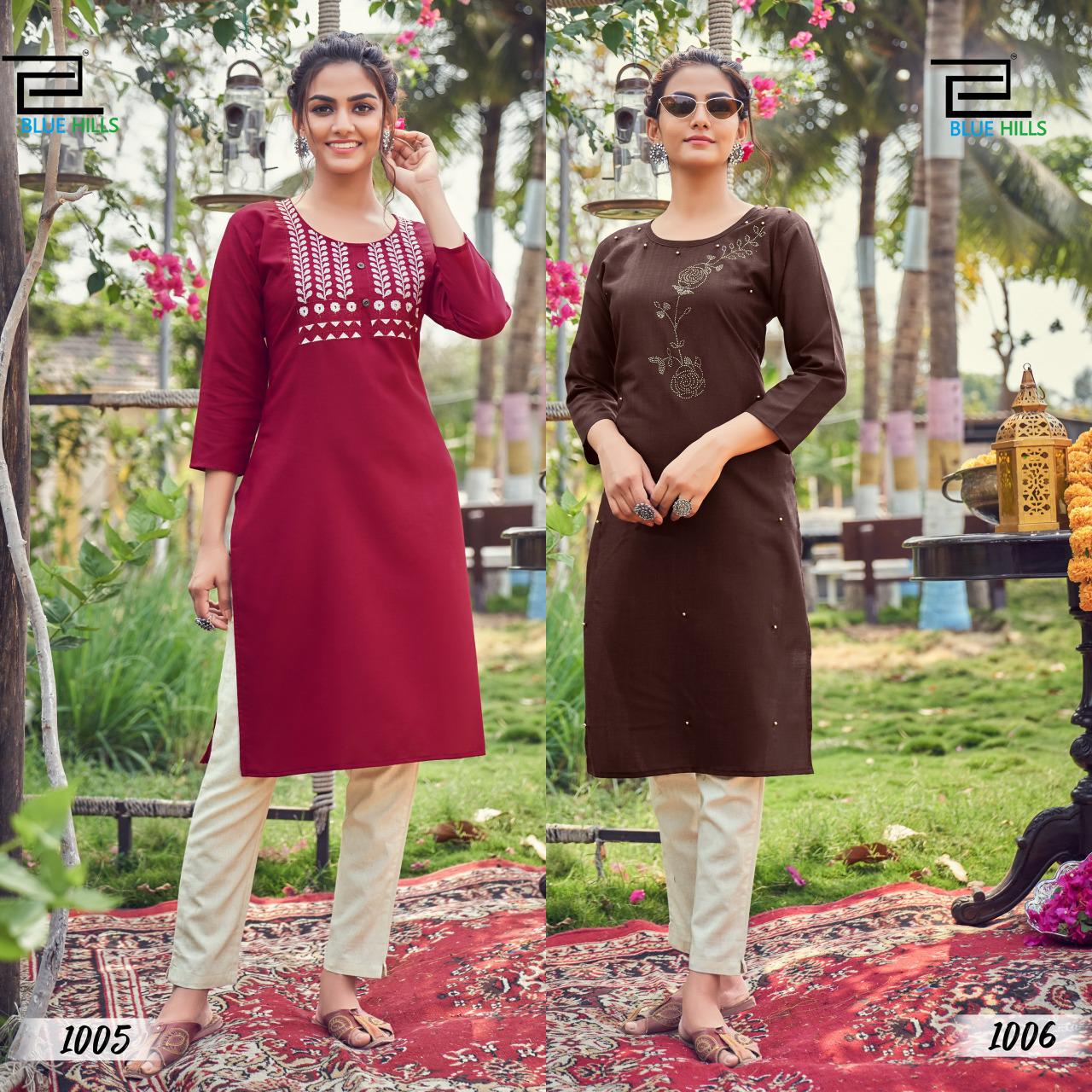 Blue Hills Instagram Latest Fancy Designer Casual Wear Slub Cotton Straight Embroidery Kurtis Collection
