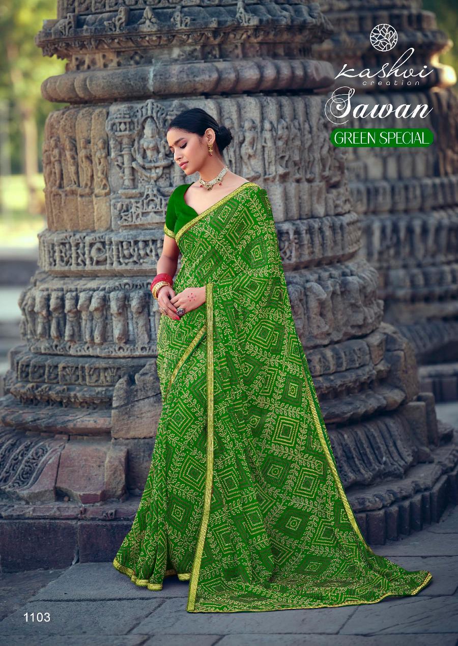 Kashvi Sawan Green Casual Wear Printed Designer Chiffon Saree Collection
