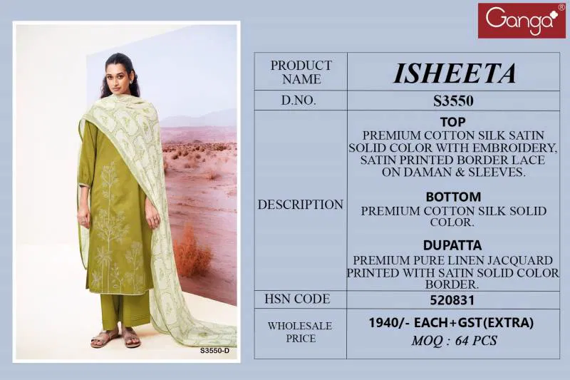 Isheeta By Ganga Cotton Silk Embroidered Salwar Suit Wholesale Clothing Distributors In India