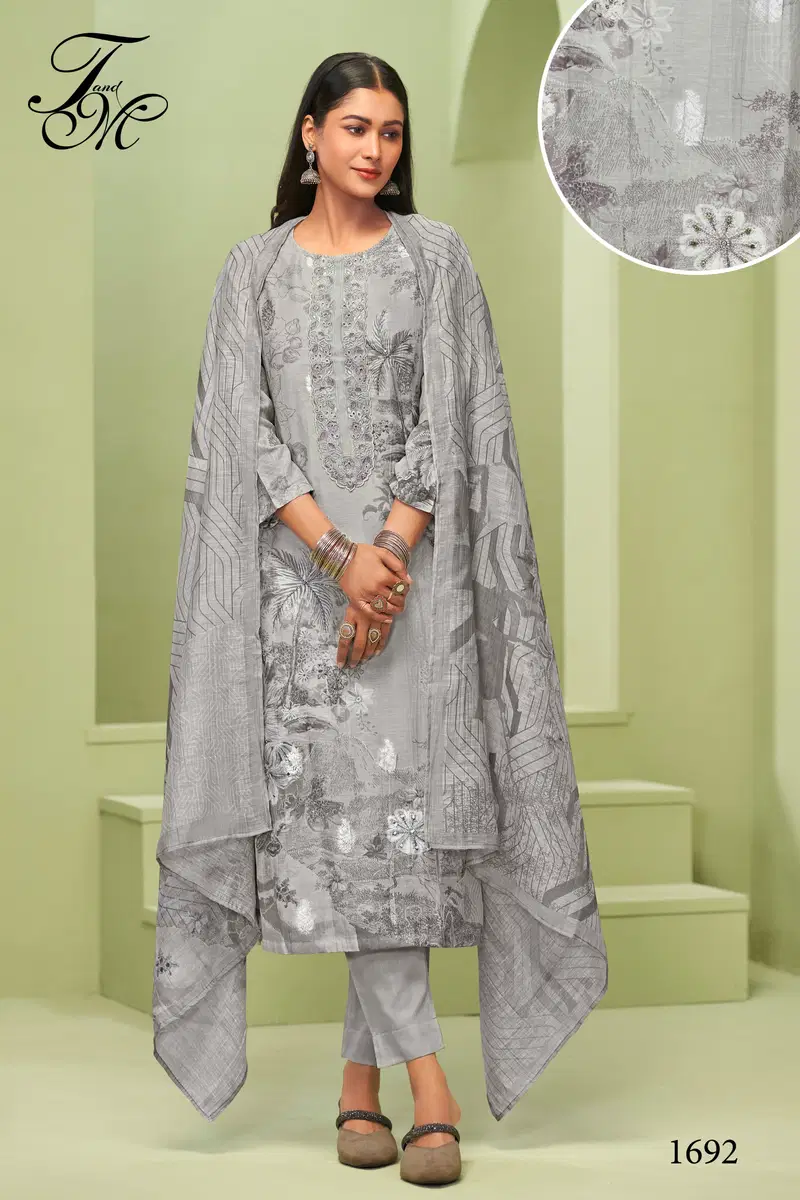 Tripti By T&M Fancy Linen Embroidery Dress Material Surat Wholesale Market