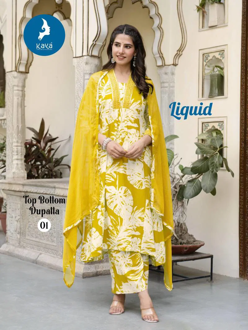 Liquid By Kaya Rayon Printed Kurti Pant With Dupatta Wholesalers Distributors In India